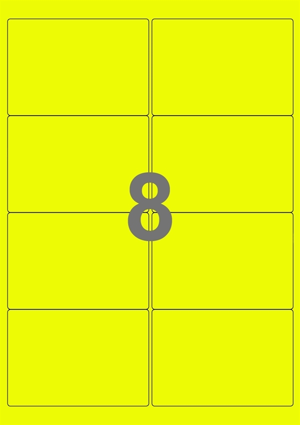 A4-etiketter, 8 Udstansede etiketter/ark, 99,1 x 67,7 mm, neon gul, 100 ark